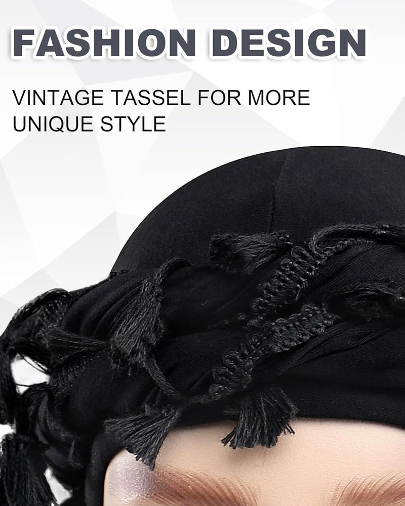 Babalet Store Halo Turban for Men Women Satin Lined Durag Head Wraps Skull Cap Pre-Tied Tassels Braid Beanie Vintage Twist Bonnet - Image 4